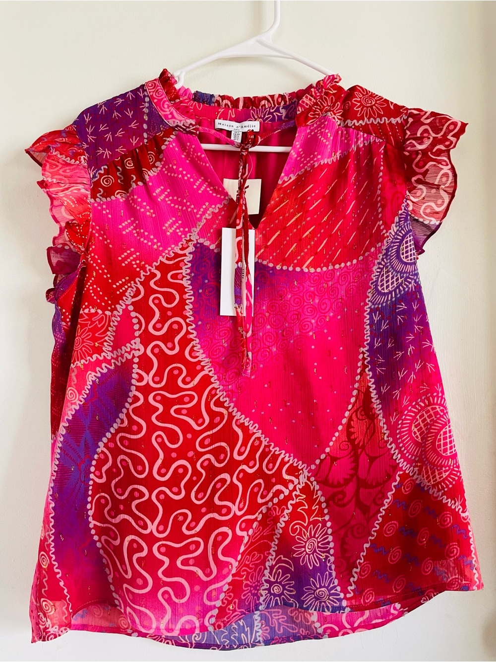 Vibrant Pink & Red Patchwork Print Tie-Neck Blouse